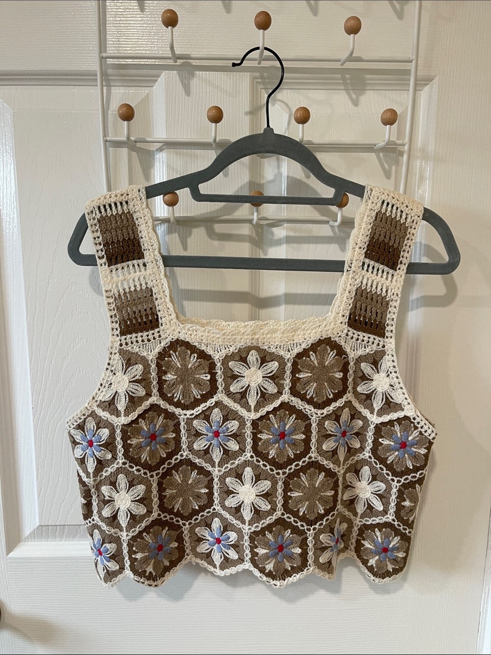 Boho Crochet Crop Top in Brown & Cream